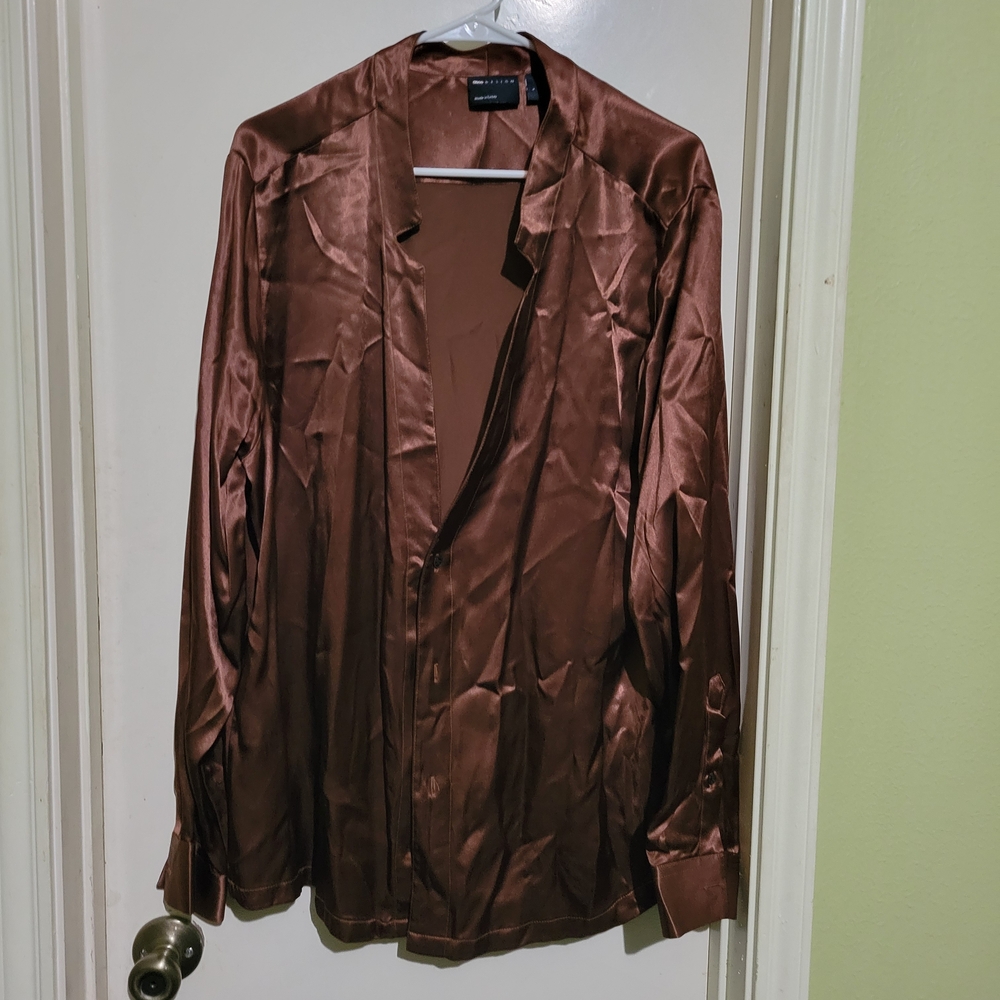 Mens Brown Satin Button-Up Shirt